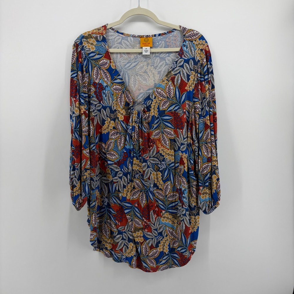 Ruby Rd Womens 2X Blue Floral Tunic V-Neck 3/4 Sleeve High-Low Blouse